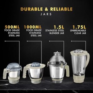 Sujata MG03 Mixer Grinder |1000 Watts Double Ball Bearing Motor|24000 RPM|Non-Stop 90 Mins Running|4 Jars including 1750ml Blender with Coconut Milk Extractor, 1500ml, 1000ml, 500ml Jar| Beige & White image 2