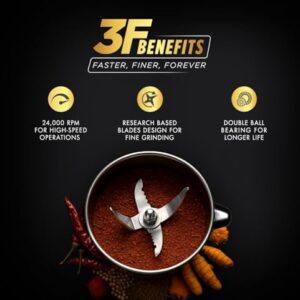 Sujata MG03 Mixer Grinder |1000 Watts Double Ball Bearing Motor|24000 RPM|Non-Stop 90 Mins Running|4 Jars including 1750ml Blender with Coconut Milk Extractor, 1500ml, 1000ml, 500ml Jar| Beige & White image 5
