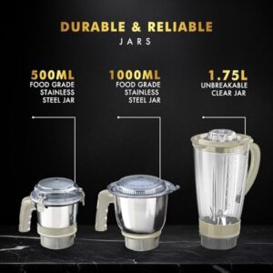 Sujata MG01 Mixer Grinder 1000Watts | Double Ball Bearing Motor | 24000 RPM | Non-Stop 90 Mins Running | 3 Jars including 1750ml Blender, 1000ml Grinder, 500ml Chutney Jar | Beige & White image 2