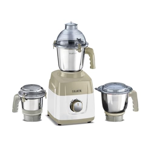 Sujata MG02 Mixer Grinder 1000Watts |Double Ball Bearing Motor|24000 RPM|Non-Stop 90 Mins Running|3 Food Grade Steel Jars including 1500ml Multipurpose, 1000ml Grinder, 500ml Chutney Jar|Beige & White