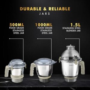 Sujata MG02 Mixer Grinder 1000Watts |Double Ball Bearing Motor|24000 RPM|Non-Stop 90 Mins Running|3 Food Grade Steel Jars including 1500ml Multipurpose, 1000ml Grinder, 500ml Chutney Jar|Beige & White image 2