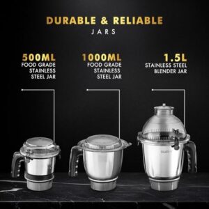 Sujata MG02 Mixer Grinder 1000Watts | Double Ball Bearing Motor|24000 RPM|Non-Stop 90 Mins Running|3 Food Grade Steel Jars including 1500ml Multipurpose, 1000ml Grinder, 500ml Chutney Jar|Red & Black image 2