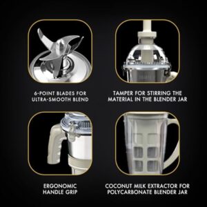 Sujata MG03 Mixer Grinder |1000 Watts Double Ball Bearing Motor|24000 RPM|Non-Stop 90 Mins Running|4 Jars including 1750ml Blender with Coconut Milk Extractor, 1500ml, 1000ml, 500ml Jar| Beige & White image 3