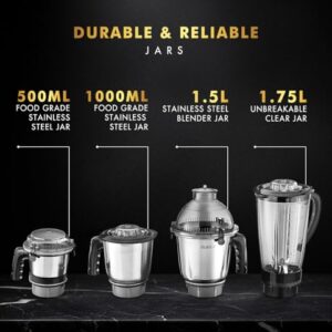 Sujata MG03 Mixer Grinder |1000 Watts Double Ball Bearing Motor|24000 RPM|Non-Stop 90 Mins Running|4 Jars including 1750ml Blender with Coconut Milk Extractor, 1500ml, 1000ml, 500ml Jar| Red & Black image 2