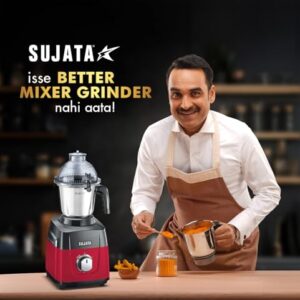 Sujata MG02 Mixer Grinder 1000Watts | Double Ball Bearing Motor|24000 RPM|Non-Stop 90 Mins Running|3 Food Grade Steel Jars including 1500ml Multipurpose, 1000ml Grinder, 500ml Chutney Jar|Red & Black image 6