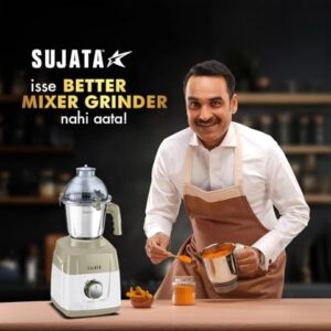 Sujata MG02 Mixer Grinder 1000Watts |Double Ball Bearing Motor|24000 RPM|Non-Stop 90 Mins Running|3 Food Grade Steel Jars including 1500ml Multipurpose, 1000ml Grinder, 500ml Chutney Jar|Beige & White image 6