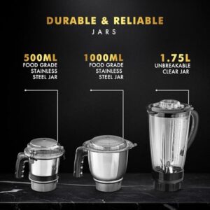 Sujata MG01 Mixer Grinder 1000Watts | Double Ball Bearing Motor | 24000 RPM | Non-Stop 90 Mins Running | 3 Jars including 1750ml Blender, 1000ml Grinder, 500ml Chutney Jar | Red & Black image 2