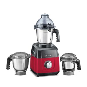Sujata MG02 Mixer Grinder 1000Watts | Double Ball Bearing Motor|24000 RPM|Non-Stop 90 Mins Running|3 Food Grade Steel Jars including 1500ml Multipurpose, 1000ml Grinder, 500ml Chutney Jar|Red & Black