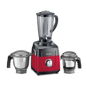 Sujata MG01 Mixer Grinder 1000Watts | Double Ball Bearing Motor | 24000 RPM | Non-Stop 90 Mins Running | 3 Jars including 1750ml Blender, 1000ml Grinder, 500ml Chutney Jar | Red & Black
